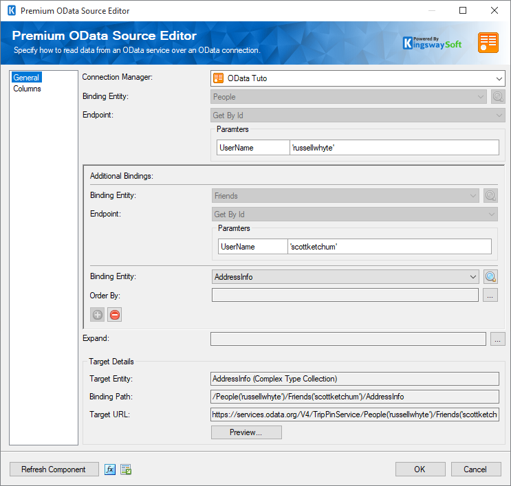 SSIS OData Source Component - Invoke a Bound Function